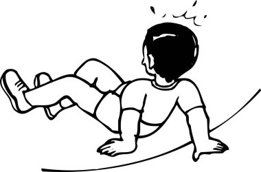 Çocuk yere düştü, beyaz arka planda izole edilmiş basit siyah beyaz çizimler.