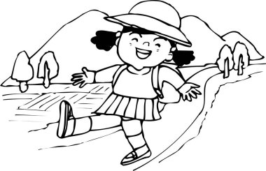  Çizgi film kızı çizimi yolda yürüyor.