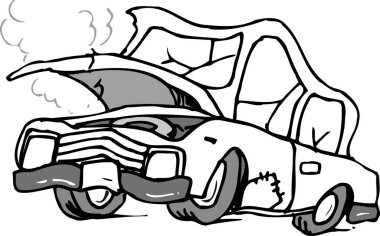 Elle çizilmiş, siyah-beyaz çizilmiş. Dumanı tüten motoru ve camları kırılmış bir araba..