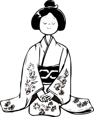Beyaz arka planda geleneksel kimono giyen güzel bir Japon kızın resmi.