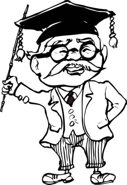 Erkek bir öğretmen ya da profesörün mezuniyet şapkası takıp elinde bir çubuk tutarken çekilmiş siyah beyaz bir çizimi..