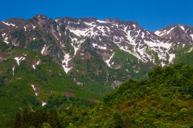 Dağları, yeşil ağaçları ve mavi gökyüzü olan güzel bir manzara.