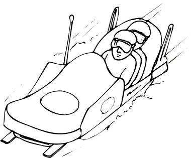 Kask ve gözlük takan iki kişilik kızaklar beyaz arka planda izole edilmiş siyah ve beyaz çizimlerle pistte hızlanıyorlar.