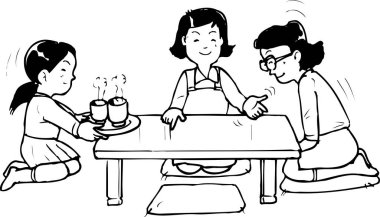 Üç kadın diz çöküp içki servisi yapıyor.