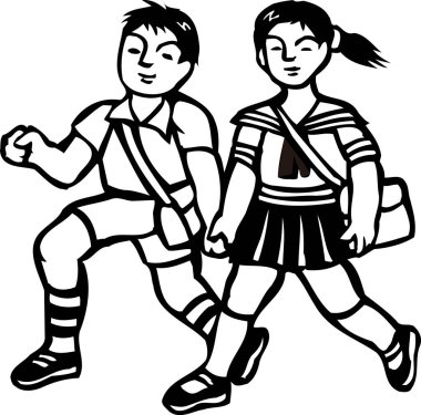 Birlikte yürüyen mutlu çocuklar, beyaz arka planda izole edilmiş basit siyah beyaz çizimler.