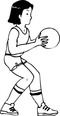 Voleybol oynayan kız, beyaz arka planda izole edilmiş siyah beyaz çizimler.