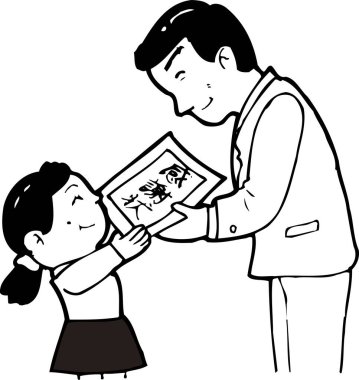 Baba için resim çizen kız, beyaz arka planda izole edilmiş siyah beyaz çizim.