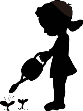 Kız sulama bitkisi, beyaz arka planda izole edilmiş basit siyah beyaz çizim