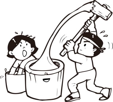 İki çocuk geleneksel pirinç mochi 'sini yapıyorlar.