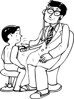 Hasta çocuğu muayene eden doktorun çizgi film çizimi