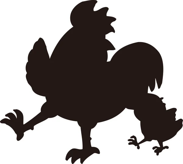 black and white illustration of rooster and chicken.