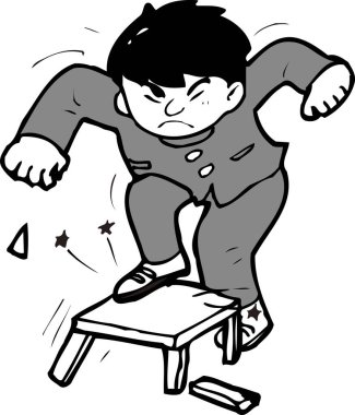 Tahta sandalyeyi kıran çocuk, beyaz arka planda izole edilmiş siyah beyaz çizimler.