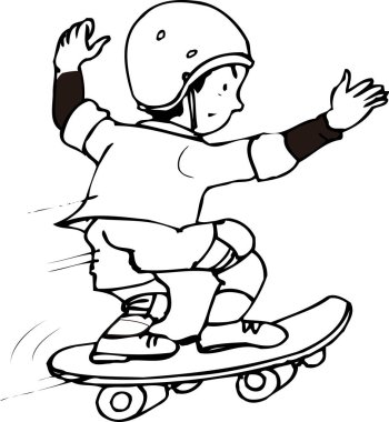 Çizgi filmci çocuk beyaz arka planda kaykay sürüyor.