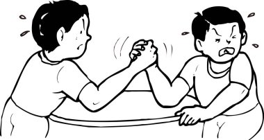 Erkekler bileklik güreşi, beyaz arka planda izole edilmiş basit siyah beyaz illüstrasyon