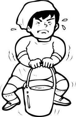 Elinde bir kova su tutan bir çocuğun çizgi film çizimi.