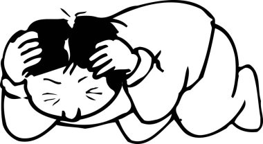 Yerde korkmuş bir çocuk var. Beyaz arka planda izole edilmiş siyah beyaz bir resim.