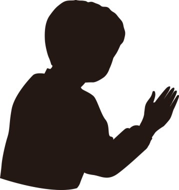 Körfezin silueti eline bakıyor, beyaz arkaplanda izole edilmiş siyah beyaz çizimler.