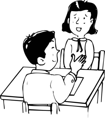 İki çocuk masada otururken konuşuyor.