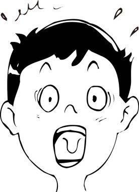 Şok olmuş adam yüzü, beyaz arkaplanda izole edilmiş siyah beyaz bir illüstrasyon