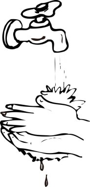 Boyama kitabı sayfası, elle çizilmiş çizim çizimi. İnsan ellerini yıkıyor. 