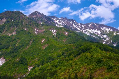 Dağları, yeşil ağaçları ve mavi gökyüzü olan güzel bir manzara.