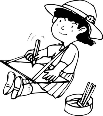 Genç kız dışarıda otururken mutlu bir şekilde resim yapıyor.