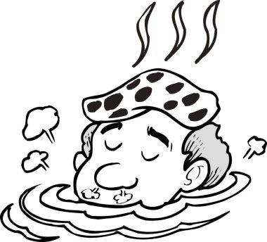 Bir adam kaplıcada dinleniyor, beyaz arka planda izole edilmiş basit siyah beyaz çizimler.