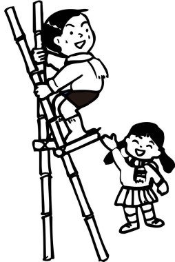 Gülen çocuklar uzun bambu merdivenin yanında oynuyorlar.