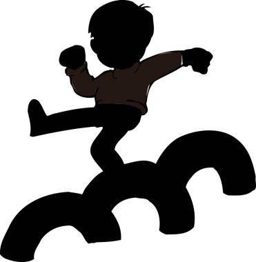 Eski lastiklerin üzerinde yürüyen çocuk, beyaz arka planda izole edilmiş basit siyah beyaz çizimler.