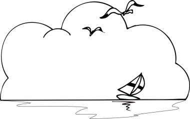 Çizgi film tarzında bulutlu ve dalgalı tekne, beyaz arkaplanda izole edilmiş basit siyah beyaz çizimler.