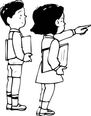 Kız işaret ederken oğlan ayakta kitap tutuyor.