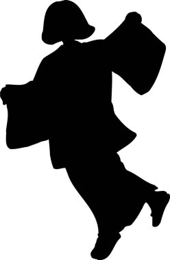 Kimono giymiş, dans eden ya da yürüyen bir kadının siyah beyaz çizimi..