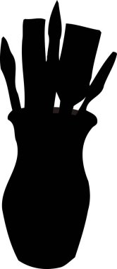 Birden fazla fırça ve kalem tutan vazonun siyah beyaz çizimi.