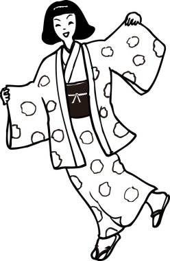 Geleneksel kimono giyen güzel bir Japon kızın beyaz arka planda dans edişinin resmi.