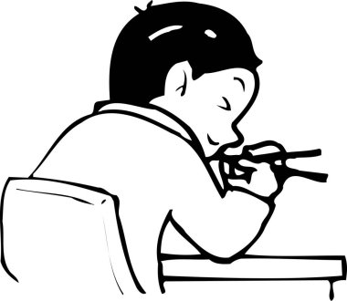 Yemek çubuklarıyla yemek yiyen mutlu bir çocuğun siyah beyaz çizimi..