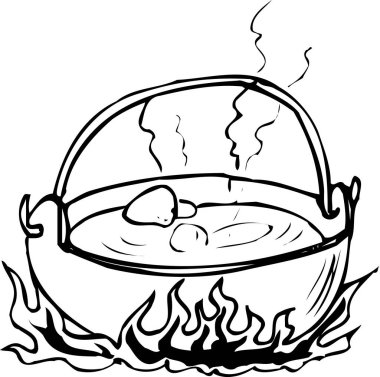 Boyama kitabı sayfası, el çizimi, ateşte kaynar çorba çizimi. 