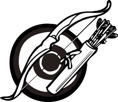 Bir yay, ok ve hedefin siyah beyaz çizimi.