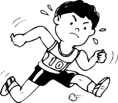 Yarış sırasında terleyen bir erkek koşucunun siyah beyaz çizimi..