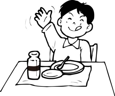 Öğle yemeği çizgisi resimlerini yiyen genç bir çocuk.