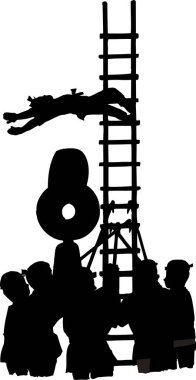 Merdivenden düşen birini yakalamaya çalışan insanların siyah-beyaz çizimi..