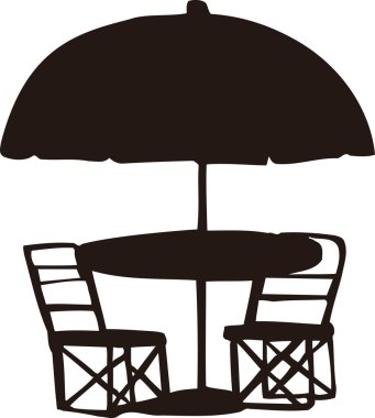 İki sandalye ve bir şemsiyeyle açık bir teras masasının siyah beyaz çizimi.