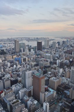 Gündüz vakti modern Japon şehrinin havadan görünüşü