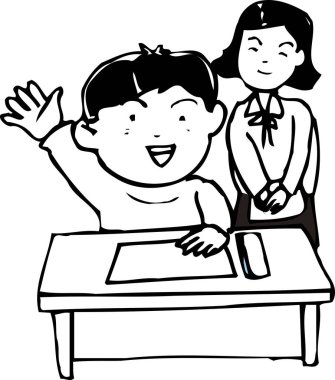 Sınıfta elini kaldıran bir öğrencinin siyah beyaz çizimi..