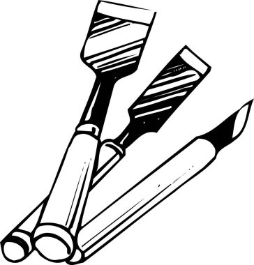 Bir oyma ve oymaya benzeyen üç oyma aletinin siyah ve beyaz çizimi.