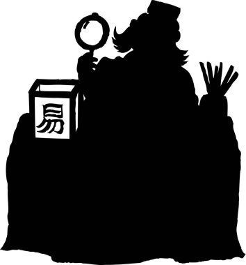 Elinde büyüteç tutan falcı silueti.