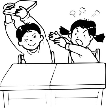 Öfkeli kız sert tepki verirken çocuk kitap yetiştiriyor.