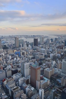 Gündüz vakti modern Japon şehrinin havadan görünüşü