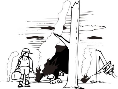 Uzun direğin yanında duran adamın siyah ve beyaz çizimi