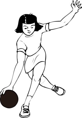 Kadın bovling oynuyor, beyaz arka planda izole edilmiş basit siyah beyaz çizimler.