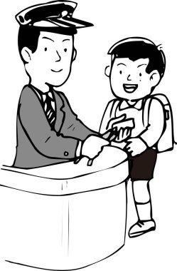 Siyah-beyaz bir el çizimi. Resim çizimi. Bir erkek ve bir çocuğun tezgahta çizimi..